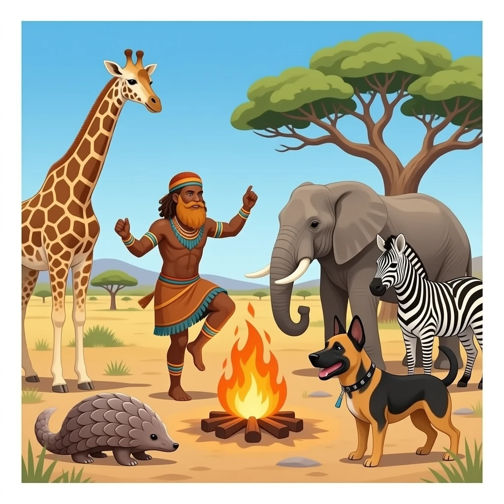 Traditional batswana dancers san people and one ginger-bearded hippie dancing around big fire in boabab savanna plains giraffe elephant zebras pangolin african wilddog with K9 dog thug listening to music emoji