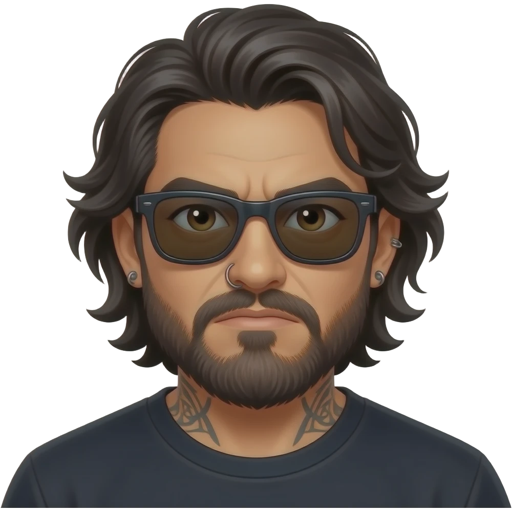 The handsome manly Latino podcast host with medium length hair, a long  slightly graying beard and tattoos with his ears pierced and a nose ring on the right side, dark brown eyes, dark sunglasses, really mad emoji