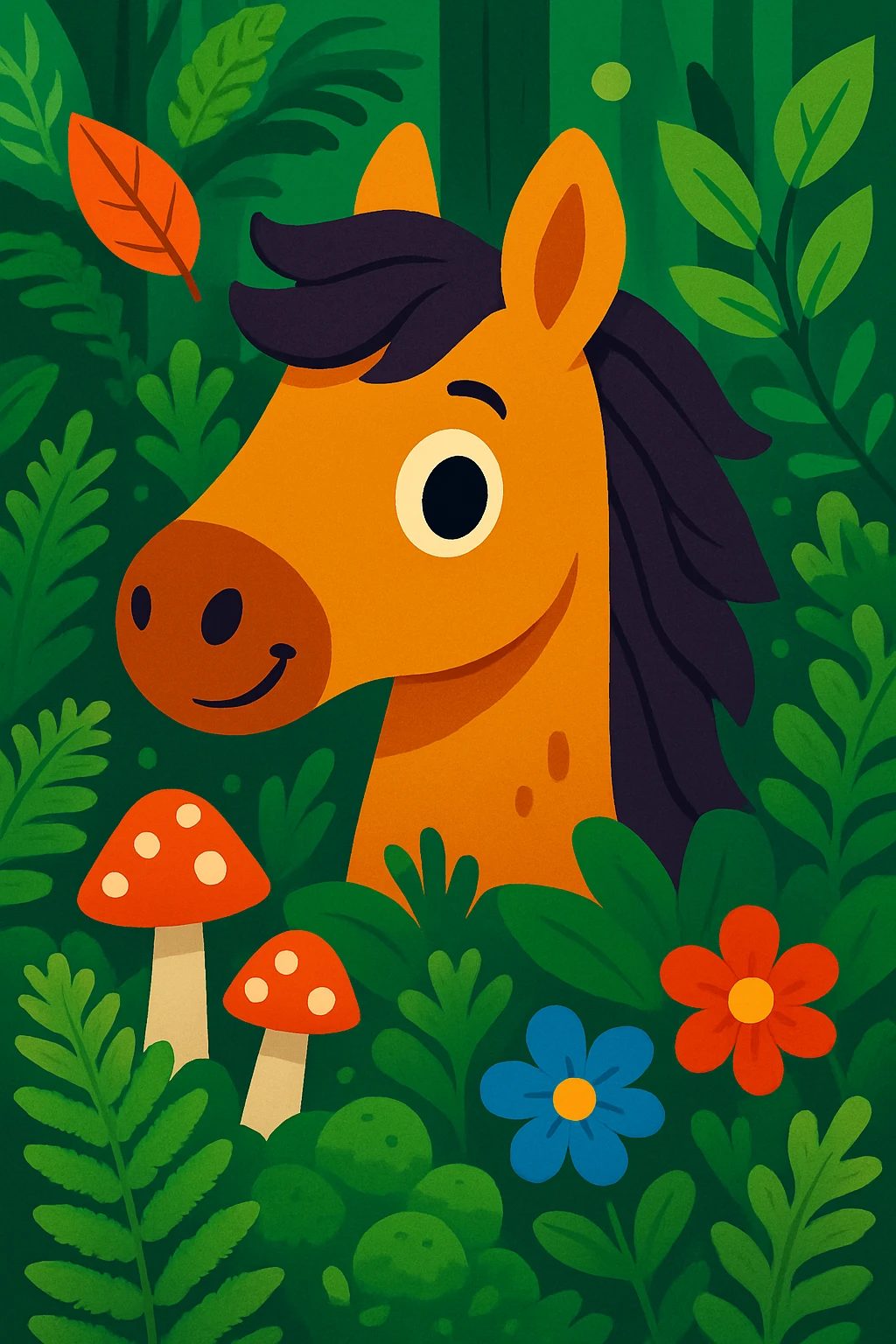 Add more forest details around the cute horse head, such as ferns, moss, mushrooms, and leafy branches, in vibrant toon style with bright colors, playful expression, surrounded by forest elements. emoji