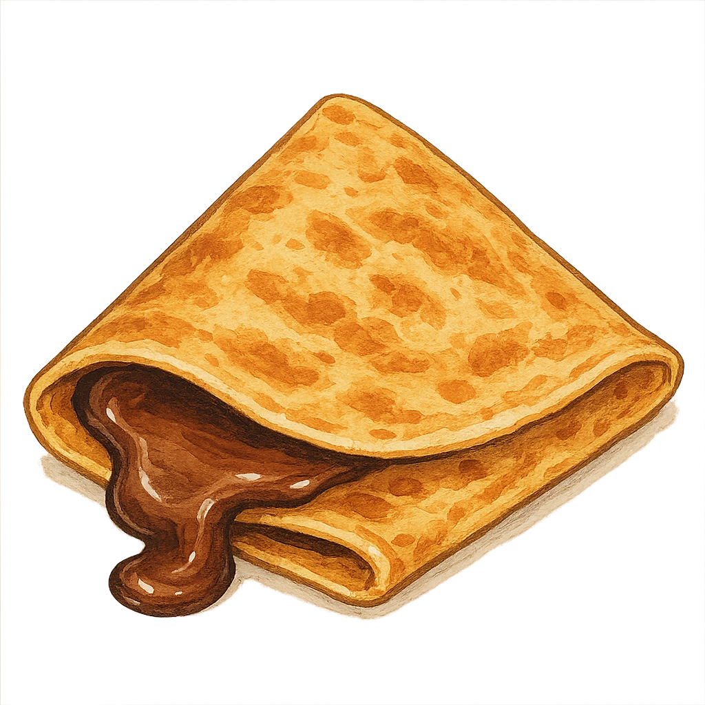 classic illustration of a french crêpe, golden brown, folded and filled with chocolate, chocolate oozing out, appetizing emoji