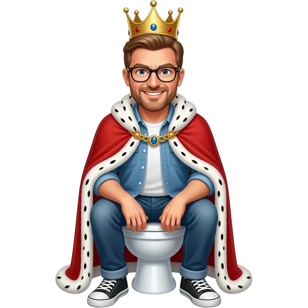 A 40 year-old Caucasian man with light brown hair and wearing fashionable glasses has a crown on his head and sits on a toilet as if he’s sitting on his throne a man wears casual clothes and his half grimacing and half laughing or smiling emoji