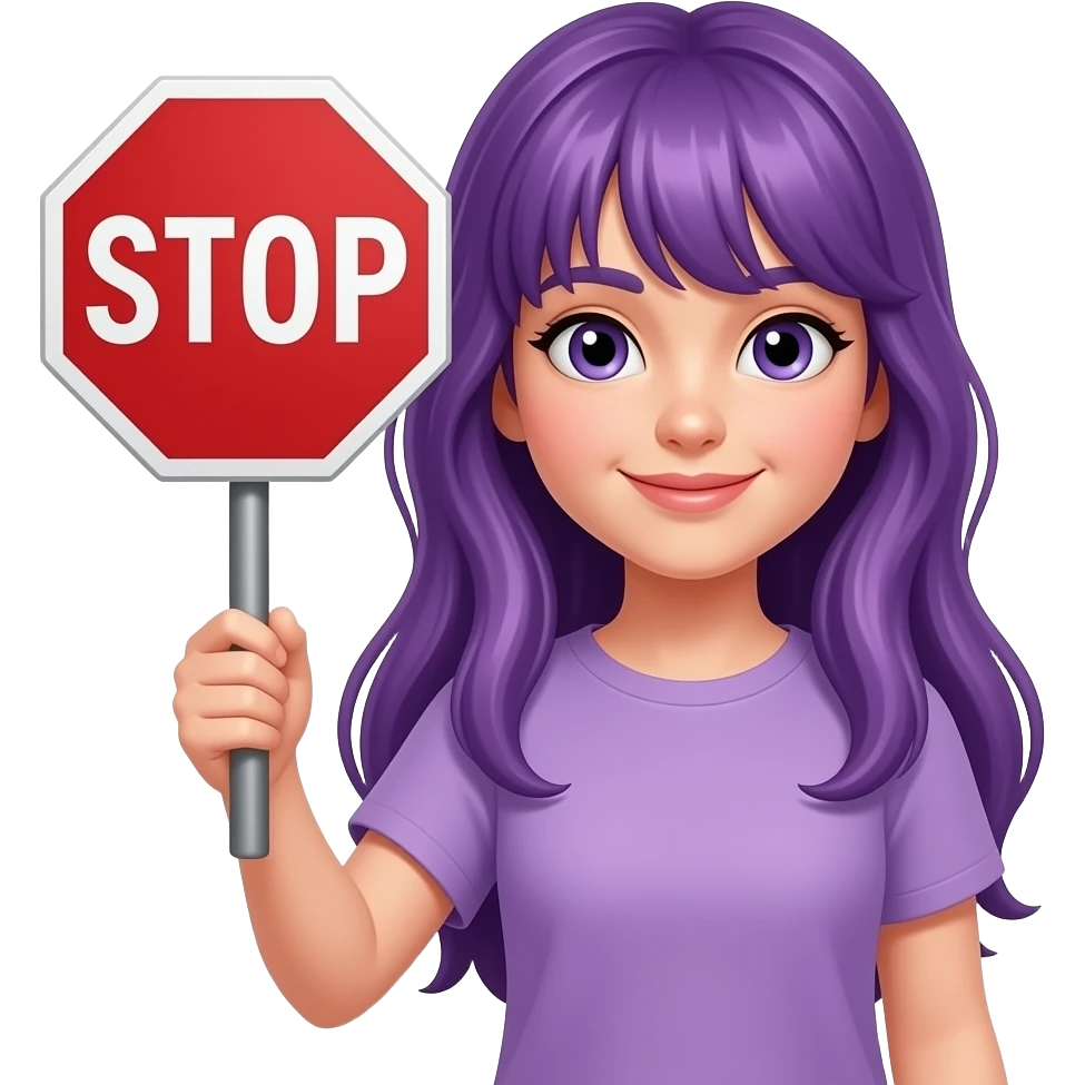 girl with long purple hair holding a STOP looking so GOOD... WTF sign emoji