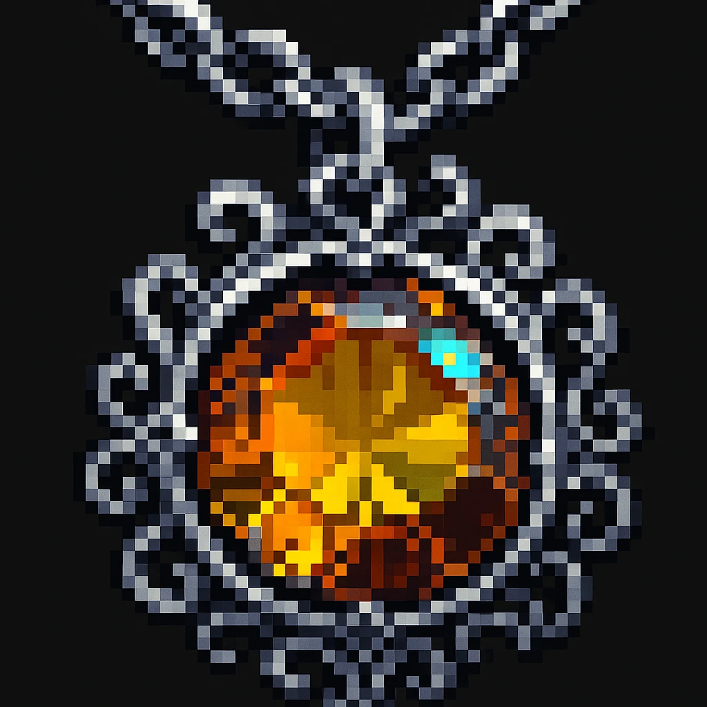 Make it pixel art style: Add a silver chain or ornate setting to the round cut holographic amber charm, keeping the extreme close-up and original style emoji