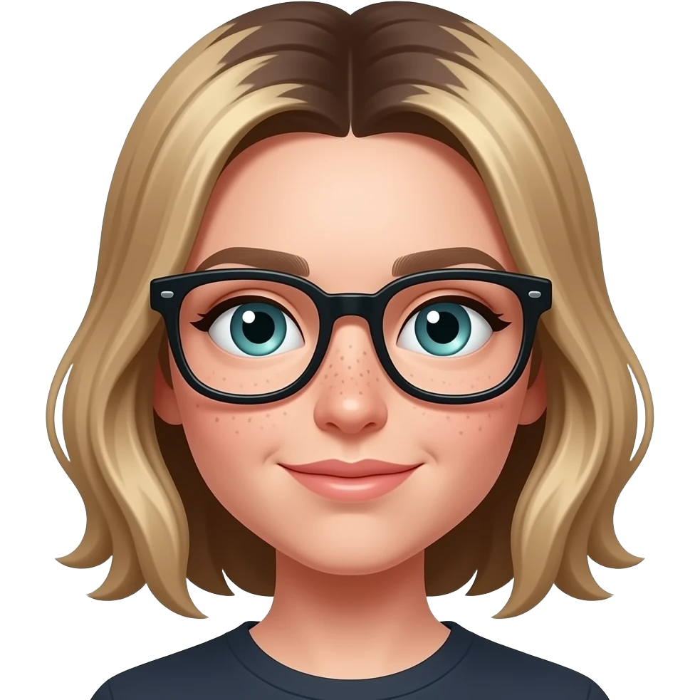 Girl Pointy button nose, aqautic almond eyes, freckled pale skin and dark brown roots with blonde highlights and thick black frame glasses emoji