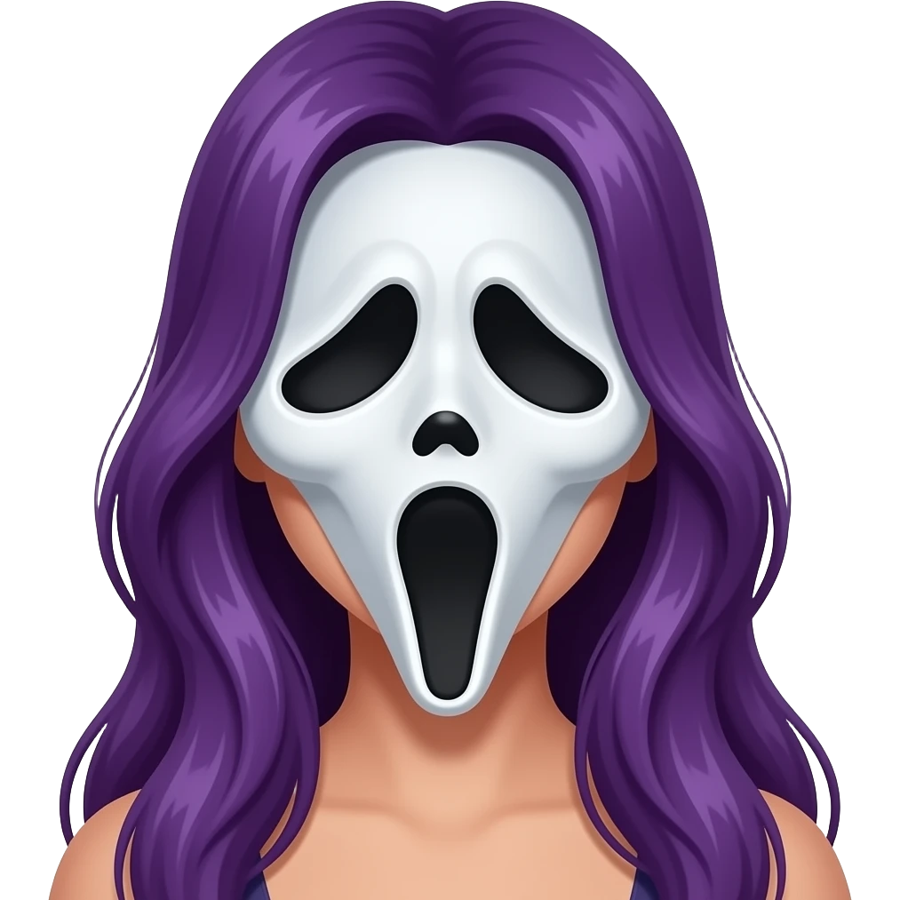 sexy girl with long purple hair and purple eyes wears a ghostfacemask emoji