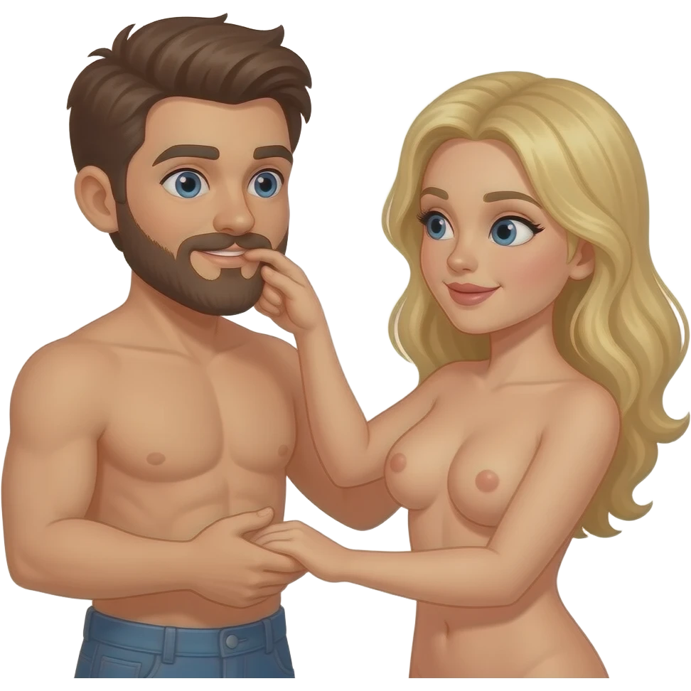 Full body emoji of completely Naked man with brown hair and a beard being masturbated by a naked woman with blonde hair emoji