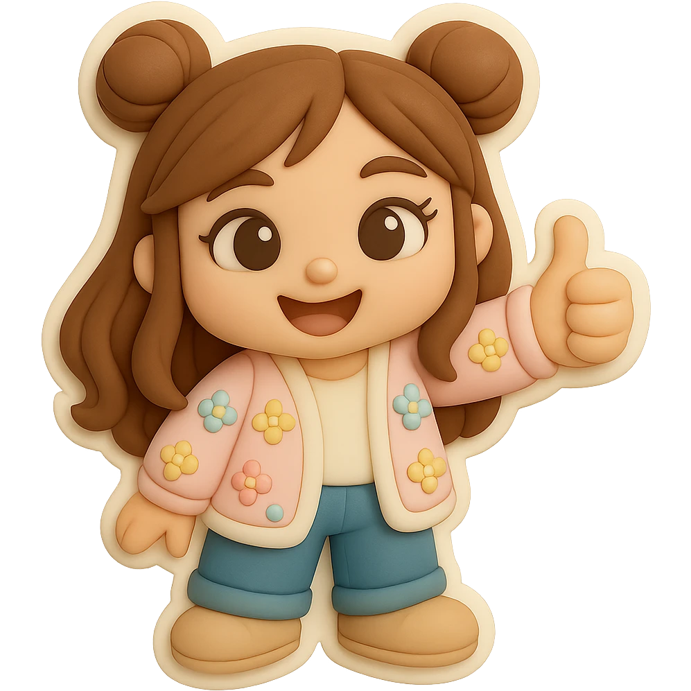 Create a 3D chibi fondant cake art style image with high-quality rendering, smooth shadows, and soft gradients. The girl should be based on the reference image, preserving facial features and eye shape exactly as in the 'thumbs down' sticker. She has long brown hair styled in two space buns, brown eyes, wearing jeans, a pastel floral cardigan, and shoes. Add a thick white outline like a sticker and ensure a transparent background. The expression is thumbs up and happy. The face, hairstyle, eye shape, and shoes must match the reference exactly. emoji
