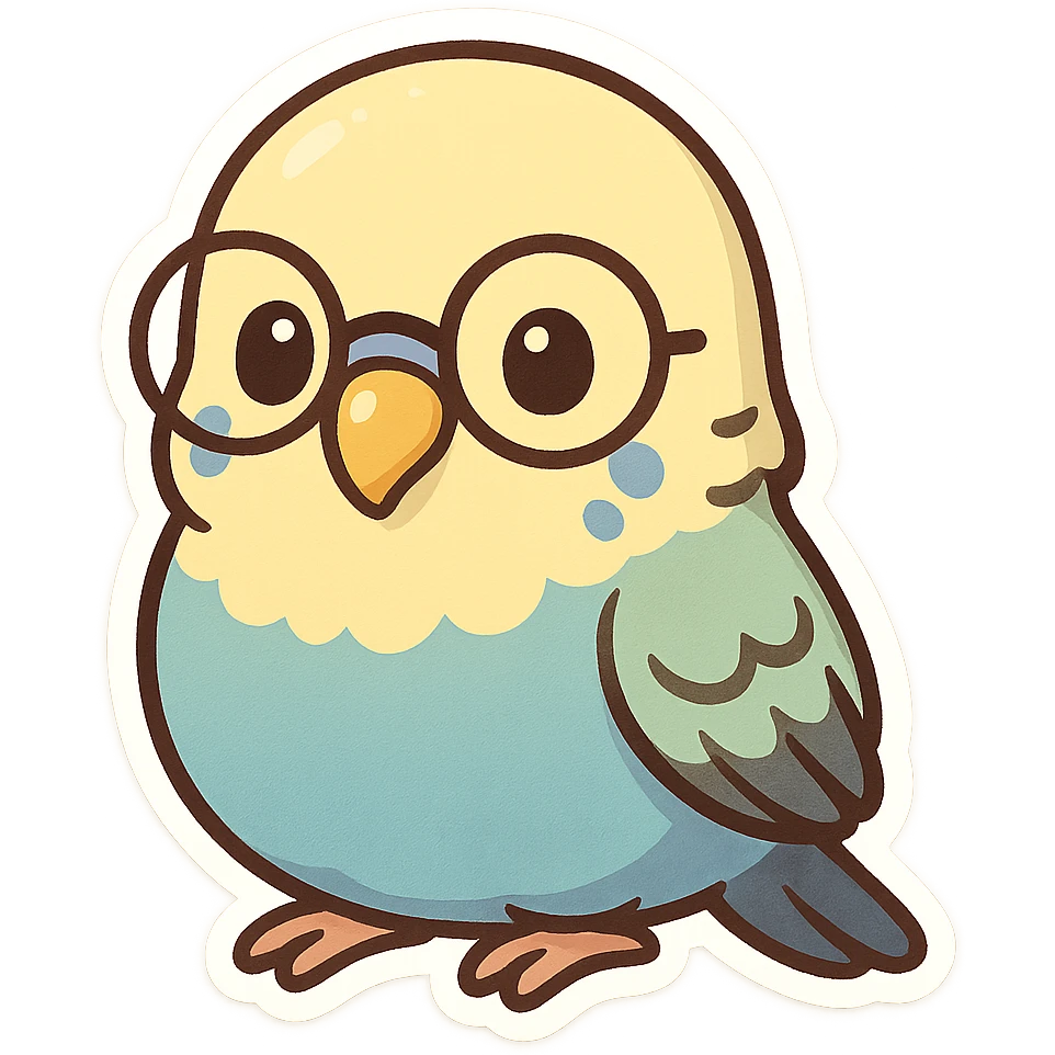 a cute budgie with round glasses, cartoon style, adorable and colorful emoji