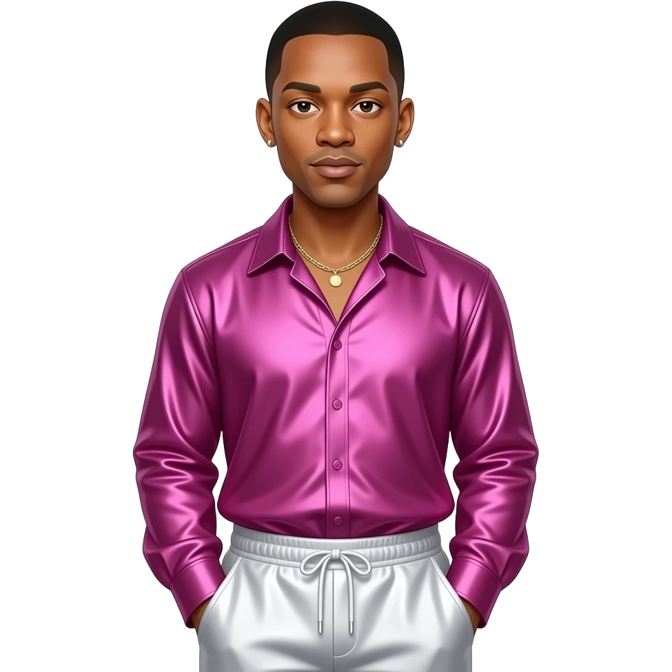 Will Smith with dark brown eyes, black hair, fuchsia metallic blouse, white metallic baggy sweatpants, necklace and short earrings emoji