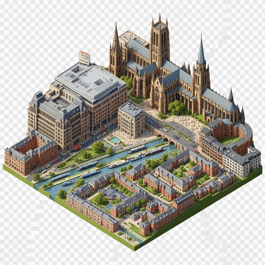 Isometric illustration-model of Birmingham with photorealistic main attractions, balanced between stylized and realistic, 3D miniature effect, transparent background. emoji