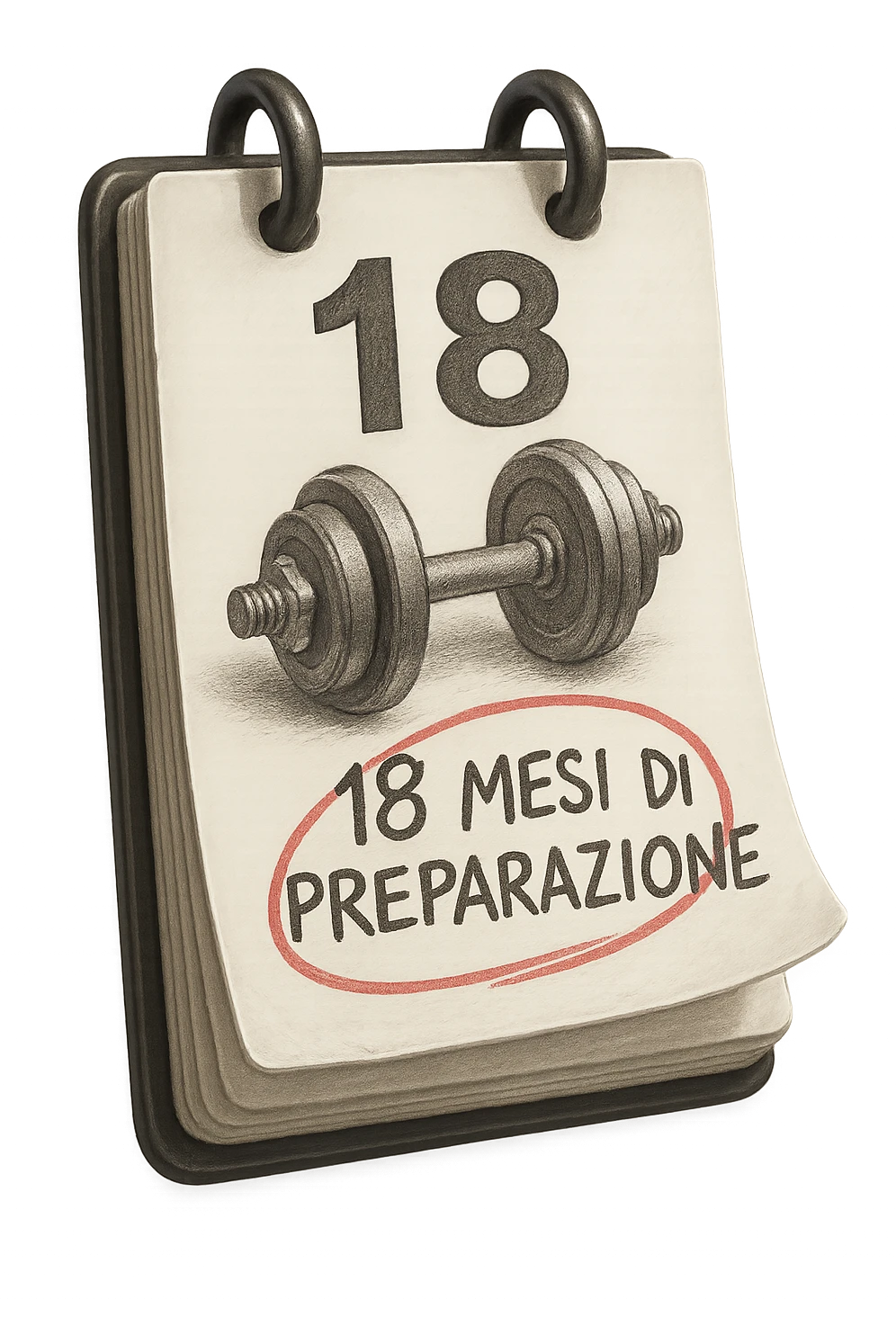 foglio di calendario con manubri da palestra disegnati e la scritta a penna "18 MESI DI PREPARAZIONE" CERCHIATA IN ROSSO, FALLO MOLTO REALISTICO IN 3D emoji