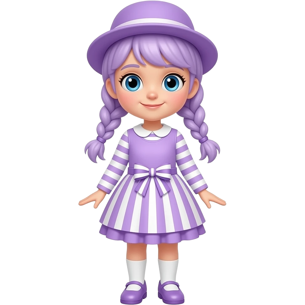 A girl with pale purple hair tied in two braids, and blue eyes and wearing a pale purple dress with pale purple and white striped sleeves, a pale purple and white striped skirt with a pale purple frill, a pale purple and white striped bow, a pale purple hat, white socks and pale purple shoes. emoji
