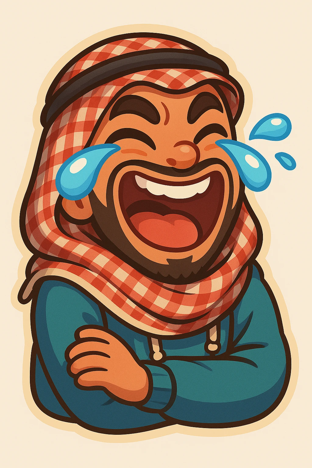Make Ara's laughing hysterically sticker even more exaggerated with bigger tears, mouth stretched wider, eyes squinting, body shaking with laughter, cartoonish, vibrant, bold, extremely expressive style. emoji