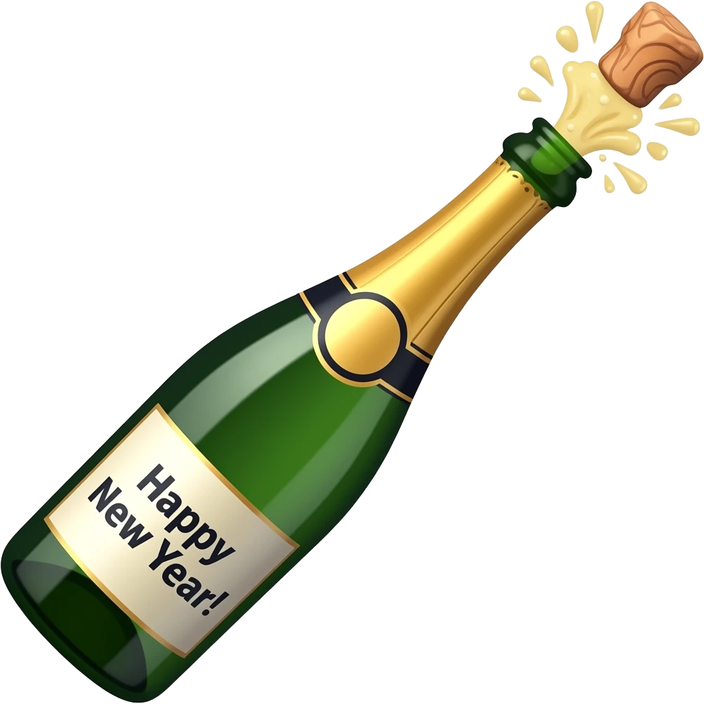 a popped champagne bottle with the words 'Happy New Year!' over it emoji