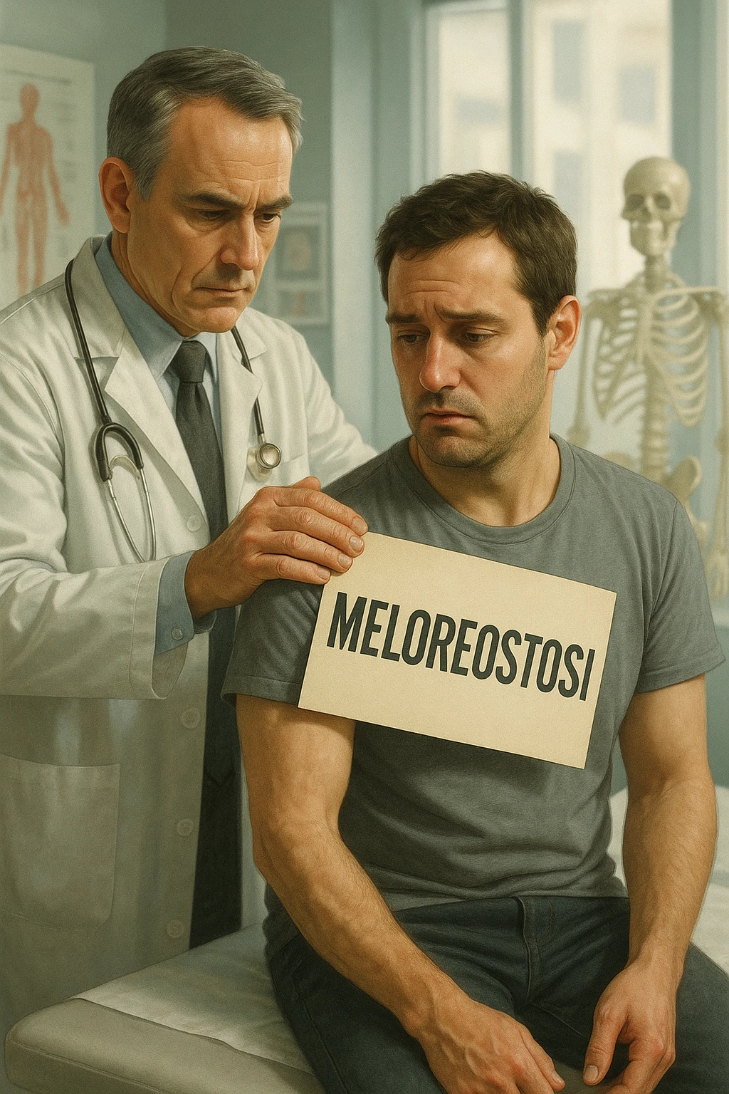 A realistic, cinematic illustration set in a bright, modern medical office. A middle-aged doctor in a white lab coat with a serious expression is shown gently placing a large paper label on the shoulder of a male patient sitting on the examination table. The label has the word 'Meloreostosi' written on it, symbolizing the act of labeling the patient with his rare bone condition. The patient looks confused and slightly disheartened, wearing a simple t-shirt with part of his arm exposed, showing subtle signs of bone thickening or deformation associated with melorheostosis. The background includes medical charts and a softly blurred skeleton model, emphasizing the medical setting. The lighting is bright but neutral, conveying a sterile, clinical atmosphere while focusing on the symbolic moment of receiving a diagnosis label. The mood is introspective and slightly heavy, illustrating the emotional weight of being defined by a rare chronic condition in italiano emoji