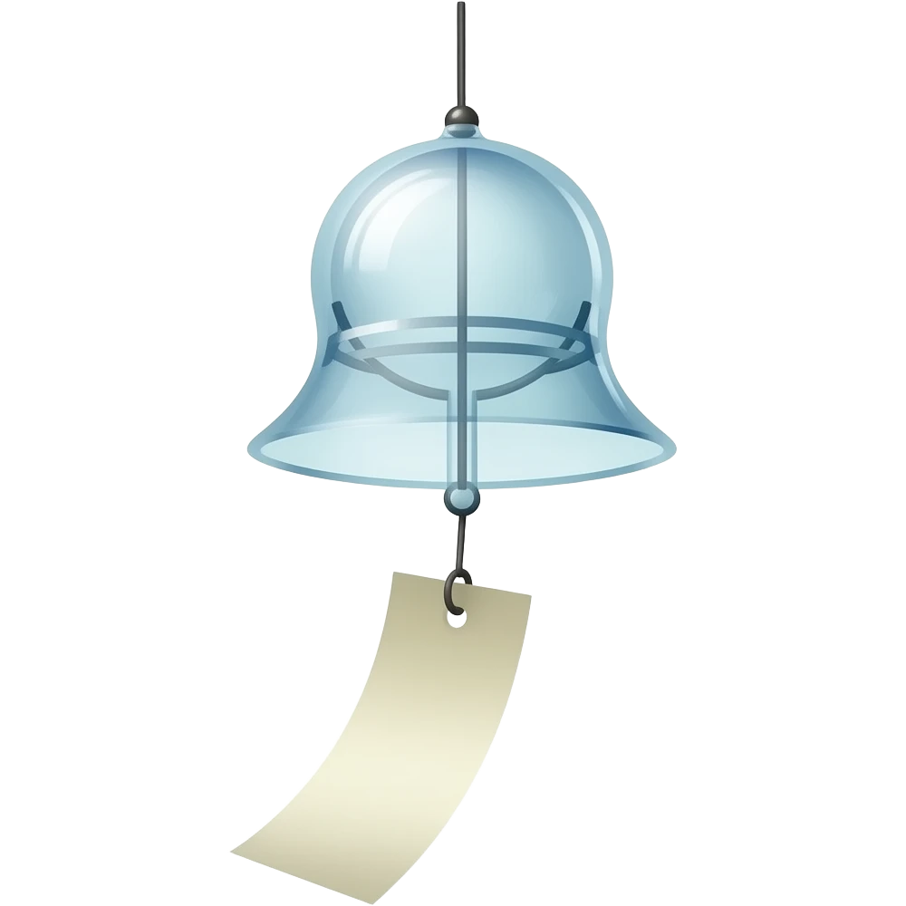A delicate Japanese furin wind chime hangs gently in the air, suspended by a thin string. It features a single piece of paper attached below, swaying softly with every breeze. The subtle movement creates a sense of calm and quiet elegance, capturing the essence of minimalism and serenity. emoji
