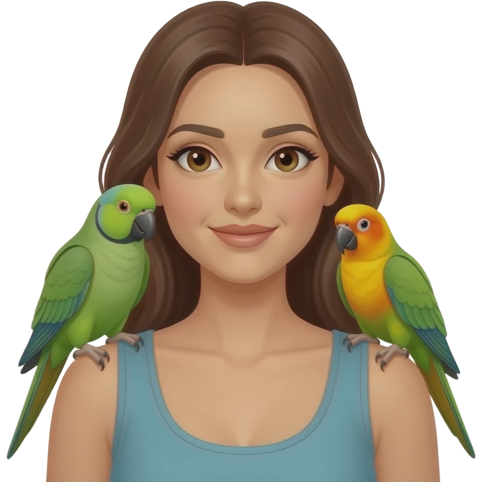 green indian ring neck parrot on a brown haired womans shoulder with a sun conure parrot with all green wings on her other shoulder emoji