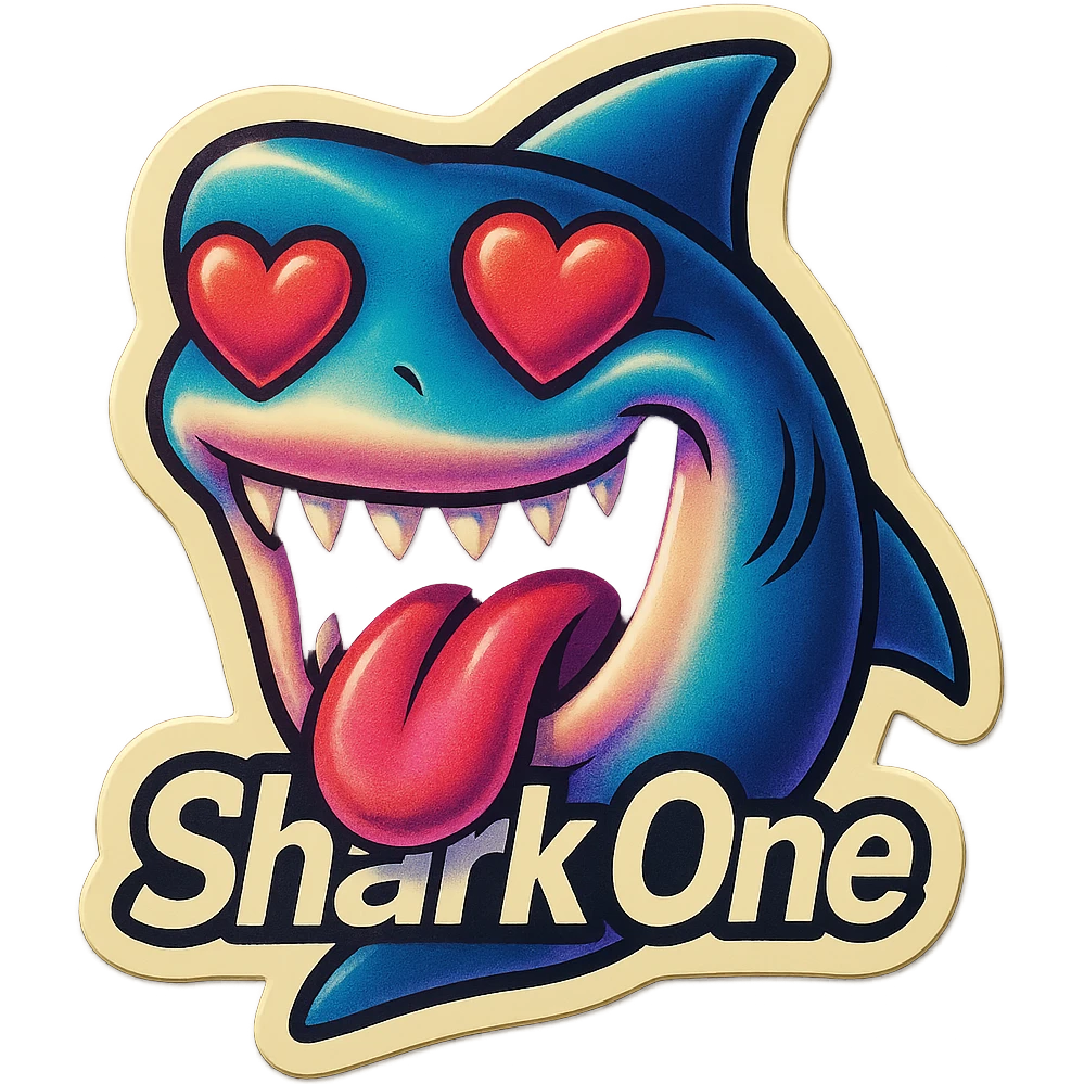 mouth open with tongue out heart shaped eye add the words “ Shark One " in White emoji