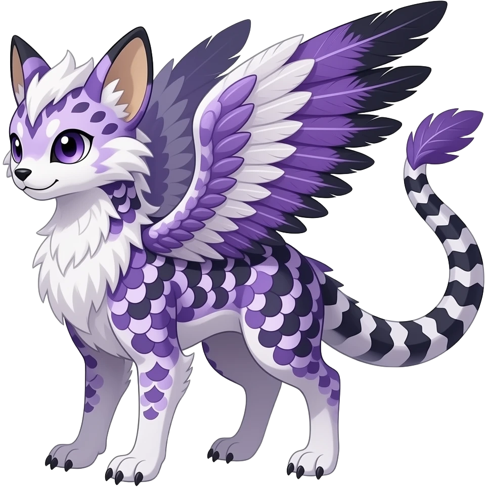 Scroll-patterned majestic feathery elegant realistic stylish Furry, feathery fluffy tropical flecked painted feathery scaly, Purple, white, black, Minccino-Bambino-Lykoi-Linoone-Zangoose-fusion-hybrid-animal-Fakémon-creature, full body, thin long sleek scaly tail, intricate markings emoji