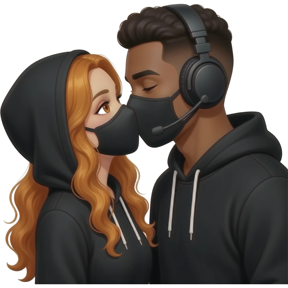 sexy girl with long curly ginger hair and ginger eyes with a black hoodie and mask gets kissed by a attractive blackhaired man with a black hoodie, a headset and a black mask emoji
