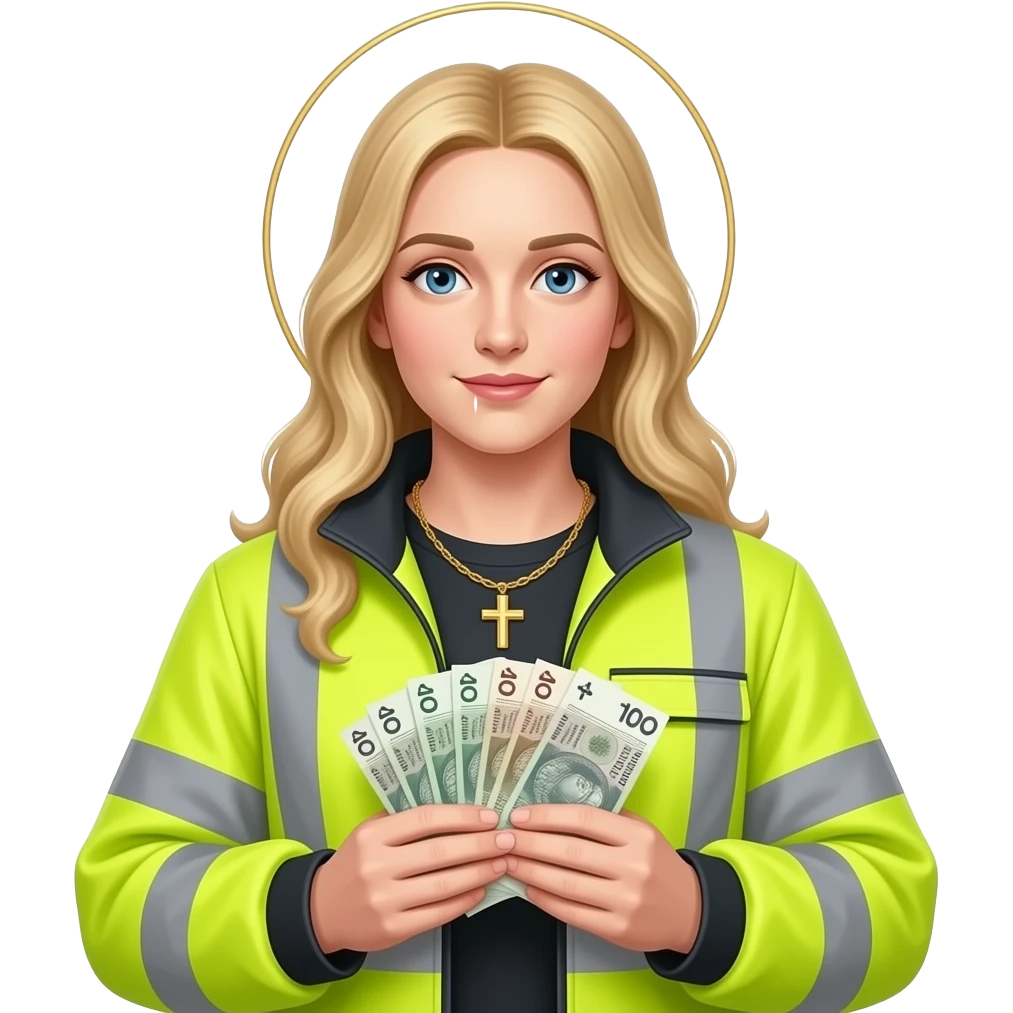 blond virgin marry with gloden cross necklace in neon yellow highviz clothes with a polski złoty bank notes in hands emoji