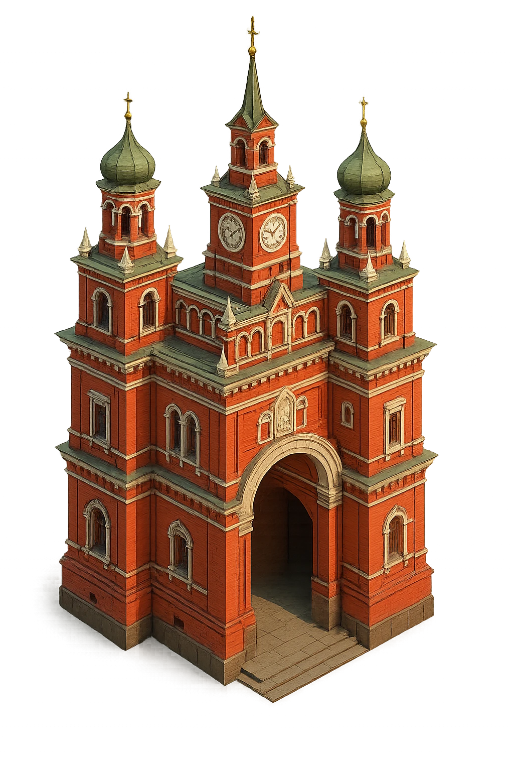 Изометричная, яркая, детализированная, объемная и фотореалистичная иллюстрация Красных ворот в Москве в красном цвете,  четкие линии, прозрачный фон emoji