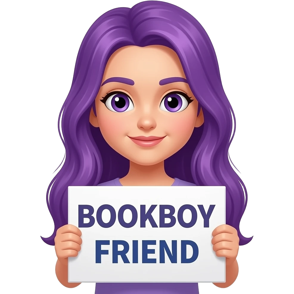 girl with long purple hair with a BOOKBOY FRIEND sign emoji