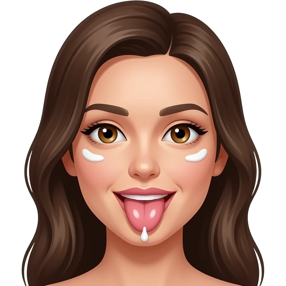 Women with brown eyes and hair have on tongue a lot of white glossy cream and i want to be a log of white cream glossy on face emoji
