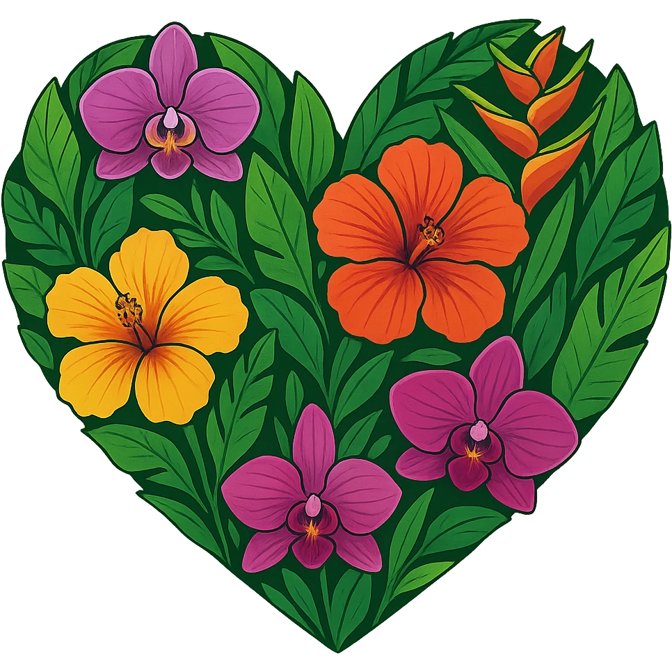 heart with a vibrant rainforest flowers theme, clean digital illustration emoji