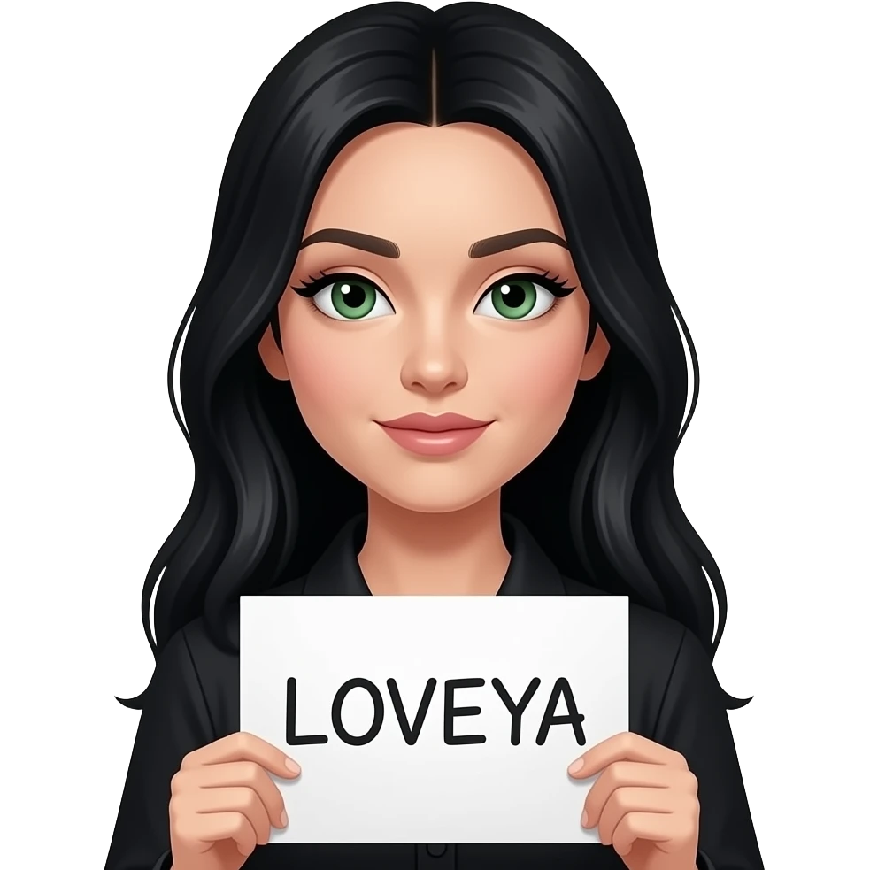 A beautiful woman with long jet black hair,  and green eyes with black eyeliner and she has pale skin and very long eyelashes wearing a black shirt and holding a sign saying “LOVEYA” emoji