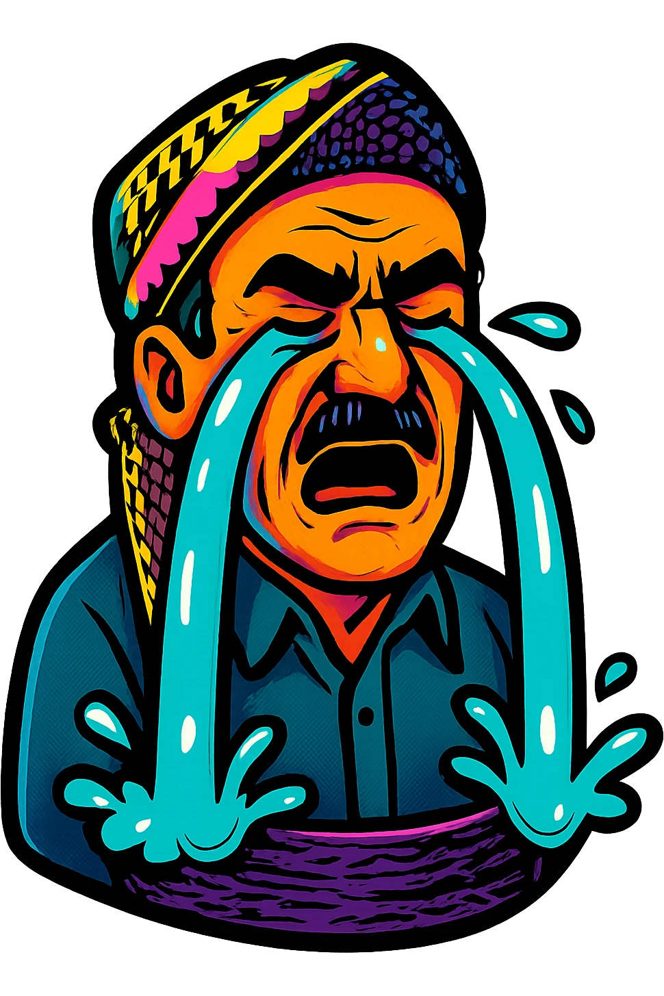 Create a cartoon sticker with a crying expression in the style of Flux Pro, with a transparent background. The style should reflect the vibrant and pop colors typical of Flux Pro style. emoji