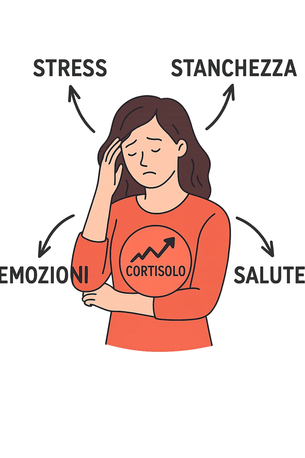 donna con Cortisolo alto con freccie che indicano. In italiano emoji