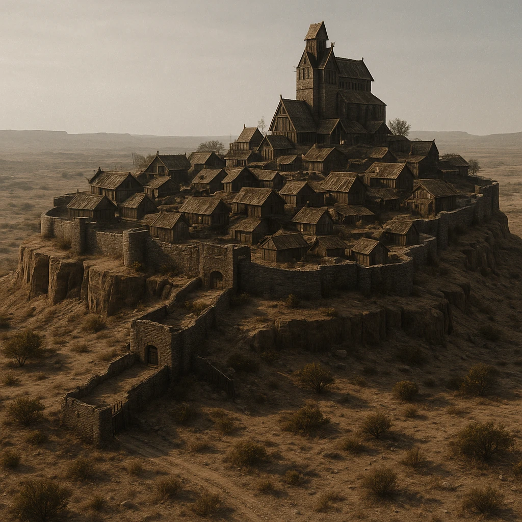 A small hilltop mesa city in the videogame dayz, screensot, based on whiterun emoji