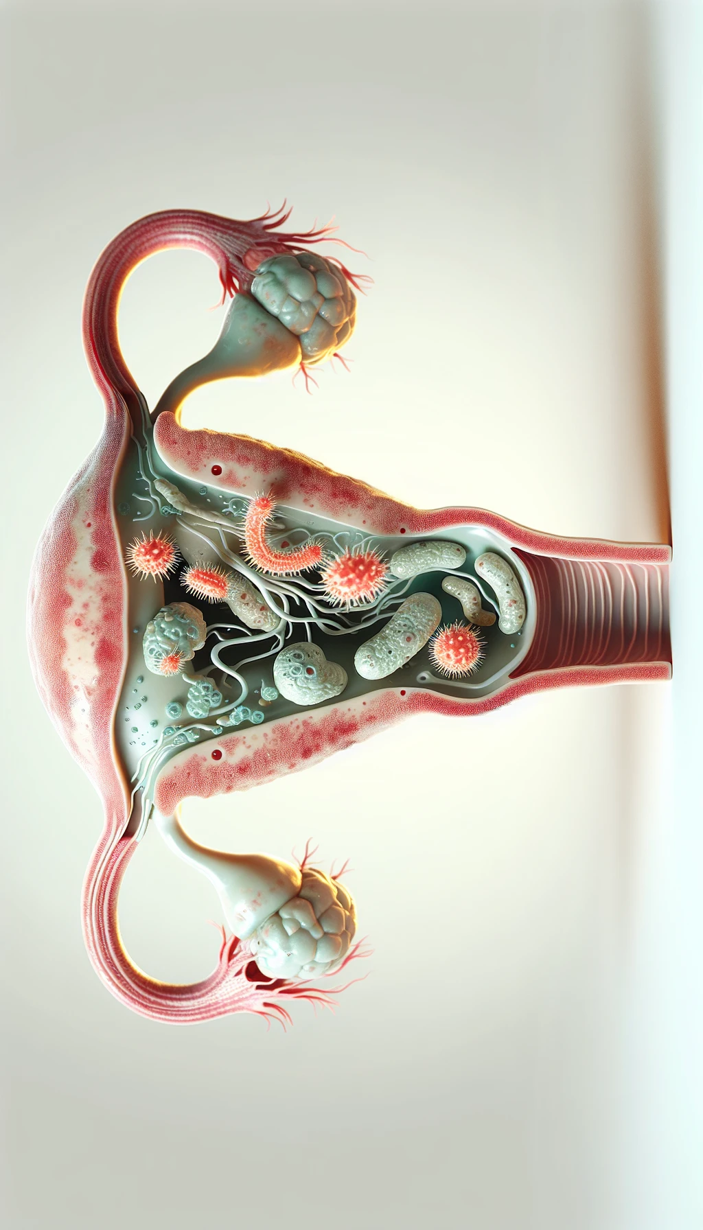 corpo umano anatomico con batteri come la candida nell'utero, sfondo neutro chiaro, iperrealistico 4k emoji