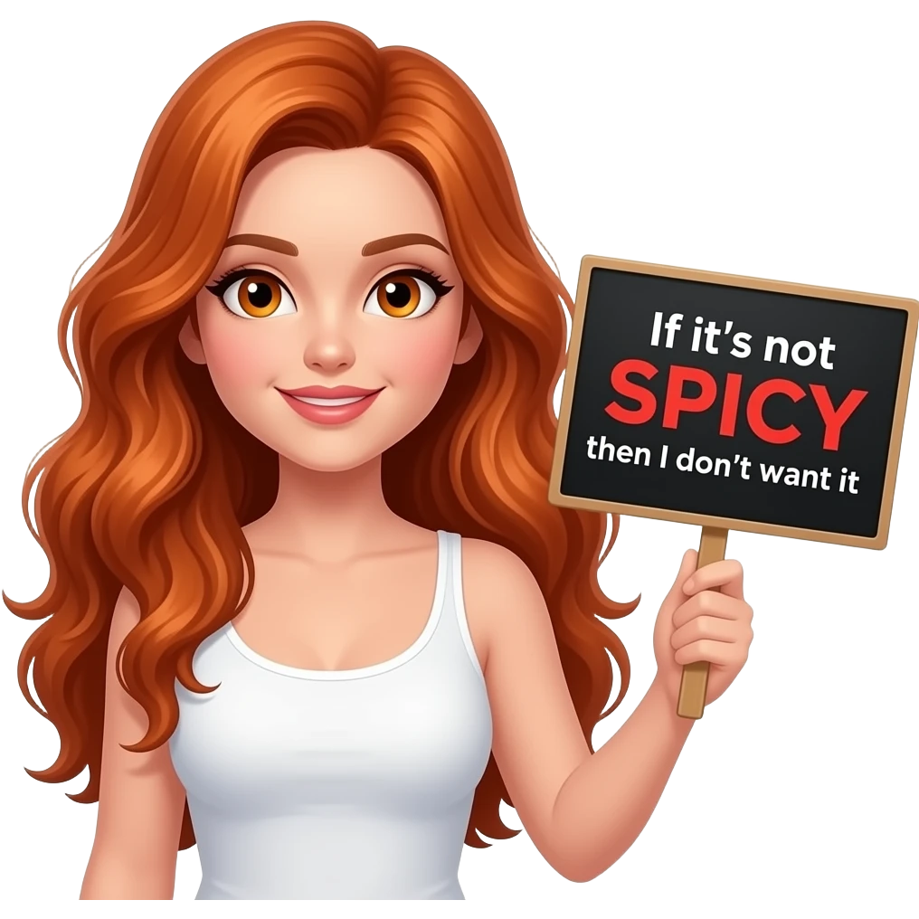 sexy girl with long wavy ginger hair and ginger eyes wearing a white tanktop is holding a black colored sign with If it's not SPICY then I don't want it written on it emoji