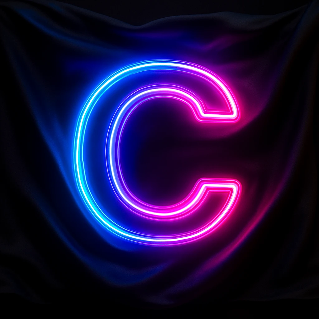 Make the flag wave with vibrant neon colors and a black background. Keep the neon letter C glowing brightly. The style should emphasize vibrant neon colors and the waving motion of the flag, with a black background to enhance the neon glow effect on the letter C. emoji