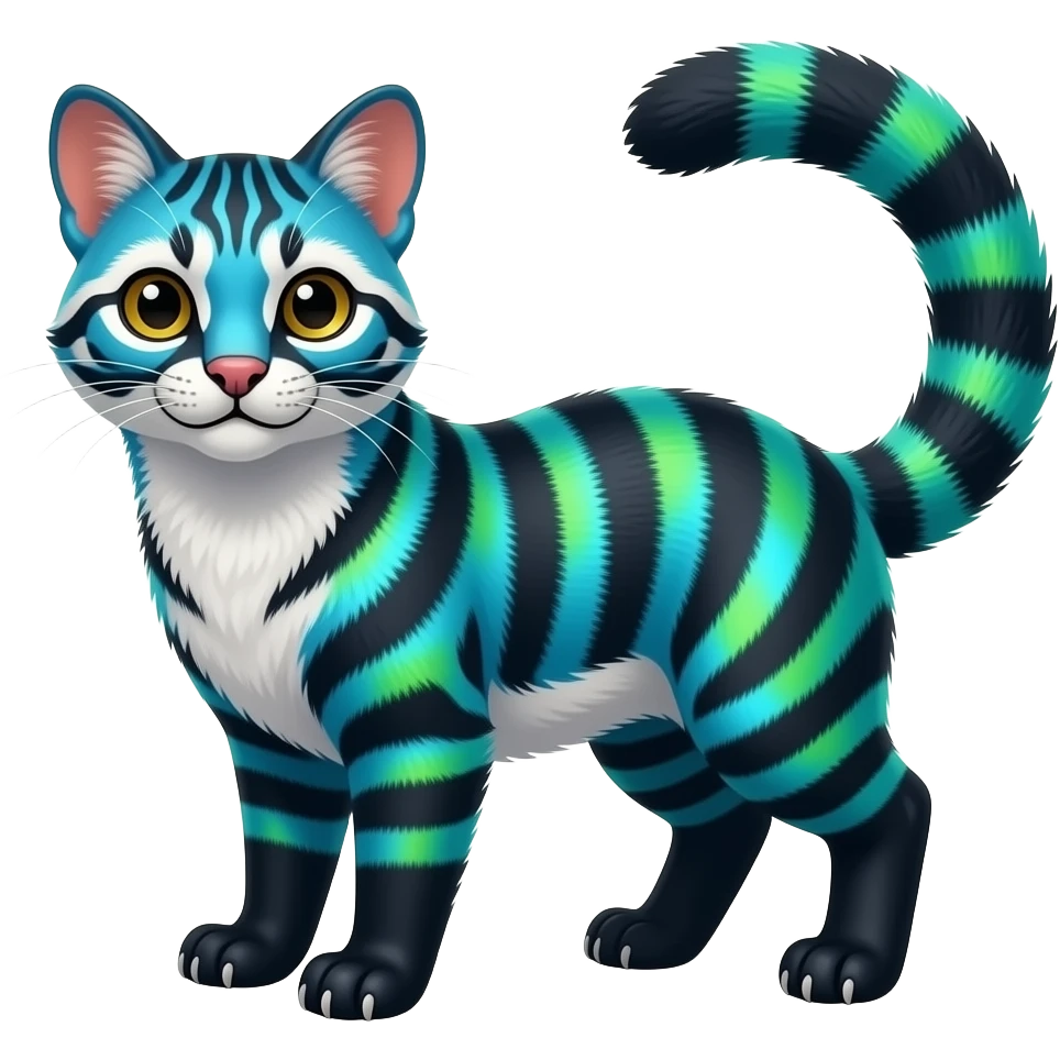 Colorful realistic tropical gradient-colored cobalt-blue-obsidian-black-neon-green-gradients, with white underside, iridescent glorious fantasy-civet-genet-Fionbri-Cacomistle-Furret-civet-oncilla-animal-hybrid-fursona with pattern markings (full body) emoji