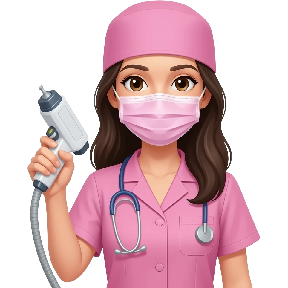 mujer joven de cabello oscuro y piel clara con uniforme medico rosado, sin implementos medicos, con tapabocas rosado del torso hacia arriba con láser nd yang, el láser sin logos, en la mano emoji