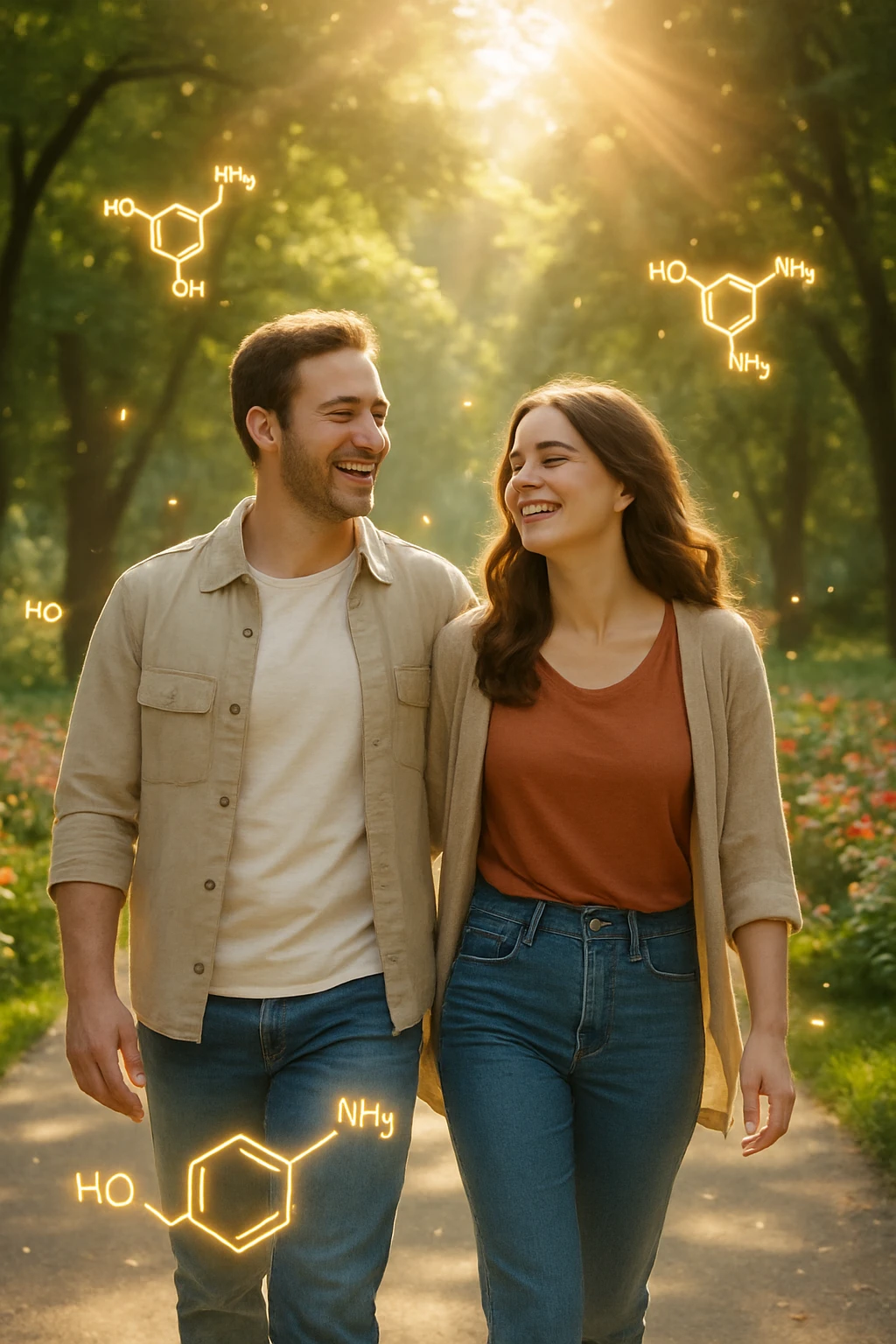 a smiling man and woman walk together along a sunlit park path, surrounded by green trees and blooming flowers. Sunbeams gently illuminate their faces, and subtle, glowing dopamine symbols float around them, symbolizing natural, healthy pleasure. The mood is uplifting and serene. emoji