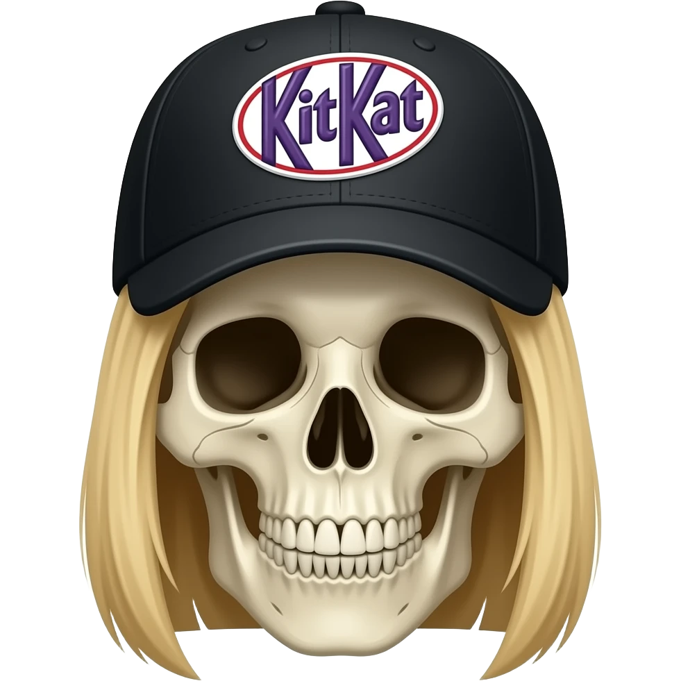 A skeleton head wearing a black baseball cap that says "KitKat" in purple lettering, white bordering, with long straight blonde hair emoji