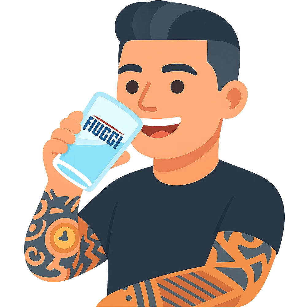 Transform the person in the photo into a colorful and modern cartoon/emoji style (not hyper-realistic). The person is drinking a glass of water with the 'Fiuggi' logo clearly visible. Include stylized tattoos and a smiling expression. emoji