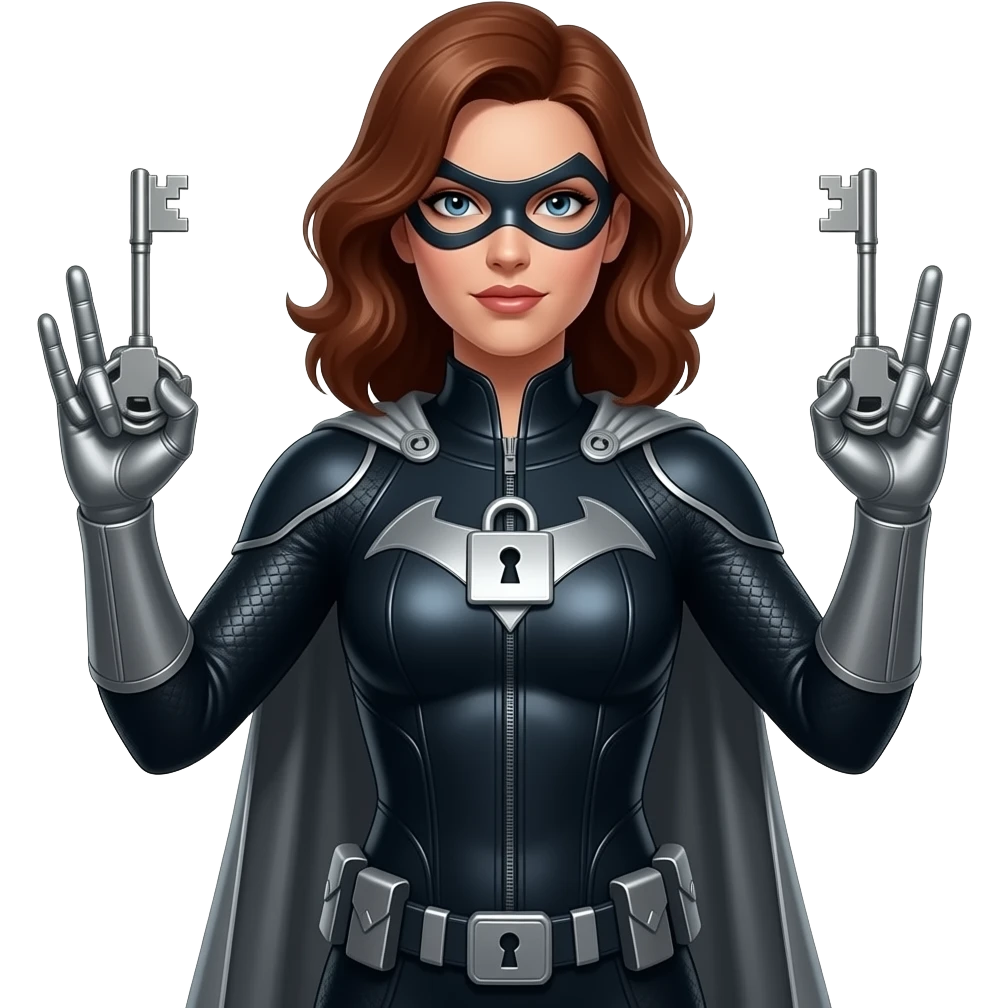 Lady Locksmith superhero, woman with hands made of metallic keys, elegant but powerful, glowing key fingers, sleek suit with lock motifs, confident stance, subtle shine, high detail, cinematic lighting emoji