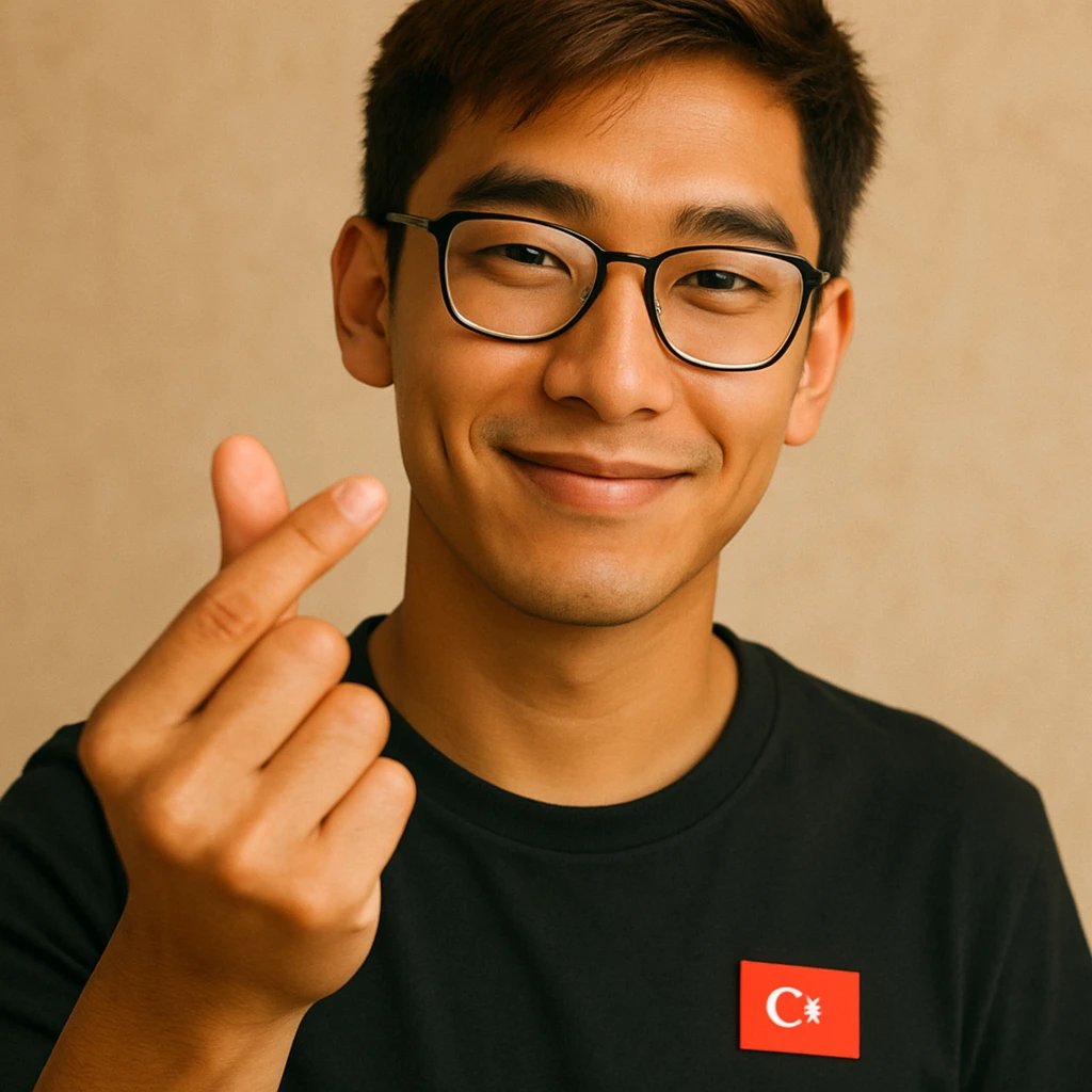 Turkish young man with slightly slanted eyes, wearing glasses, making a heart gesture with his hand, slightly tanned and light brown hair, warm and sincere expression, modern and youthful style emoji