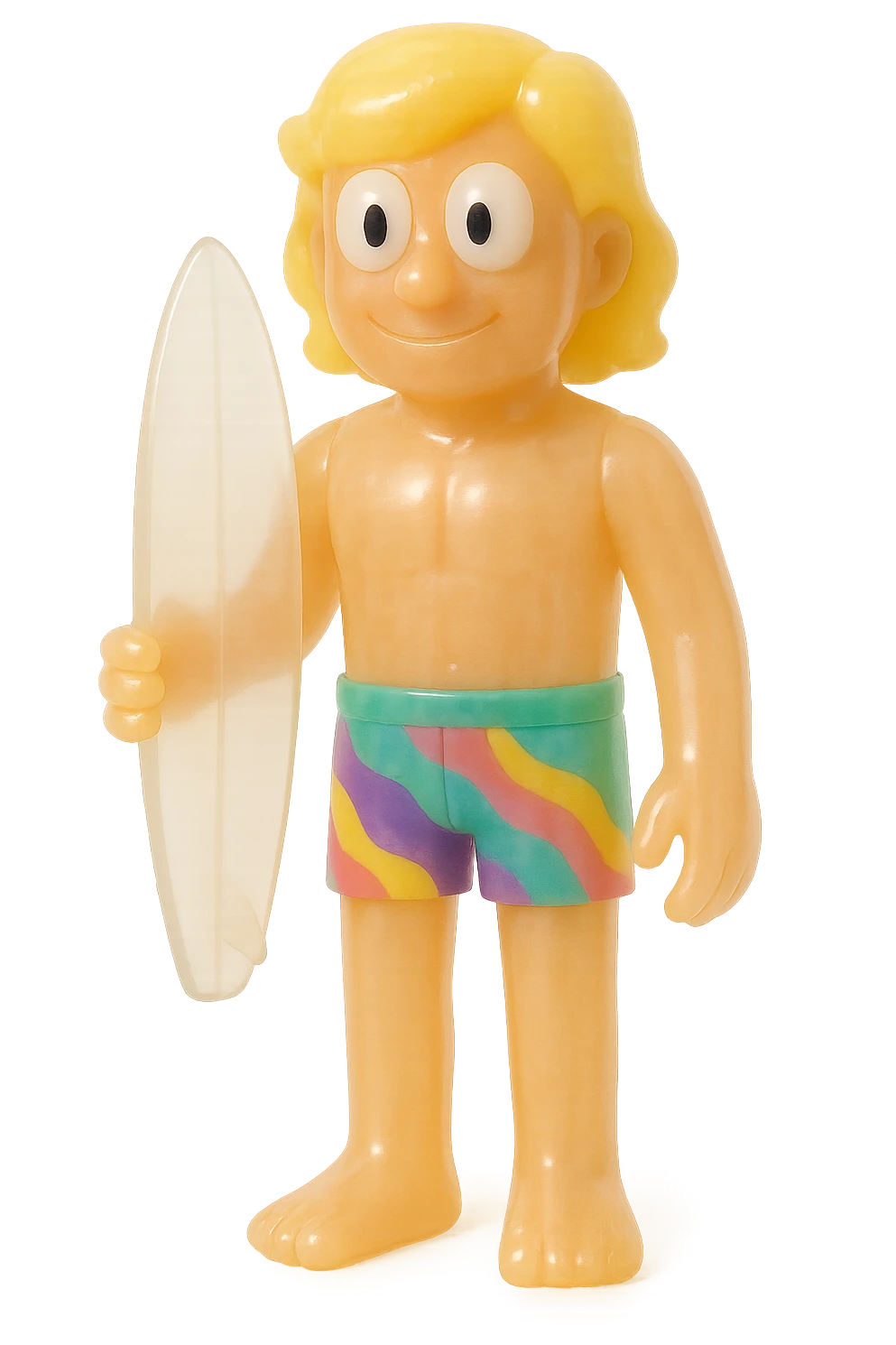 full-body surfer bro, retro 90's toy style, very transparent and slightly see-through, natural tan skin, blonde hair, colorful shorts, large white eyeballs with small black pupils, soft plastic texture, soft reflections, soft and squishy, some cloudiness, not shiny, highly detailed, appealing, no tag, no background emoji
