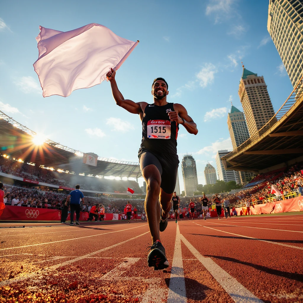 happy runner waving a white flag of Olympic emoji