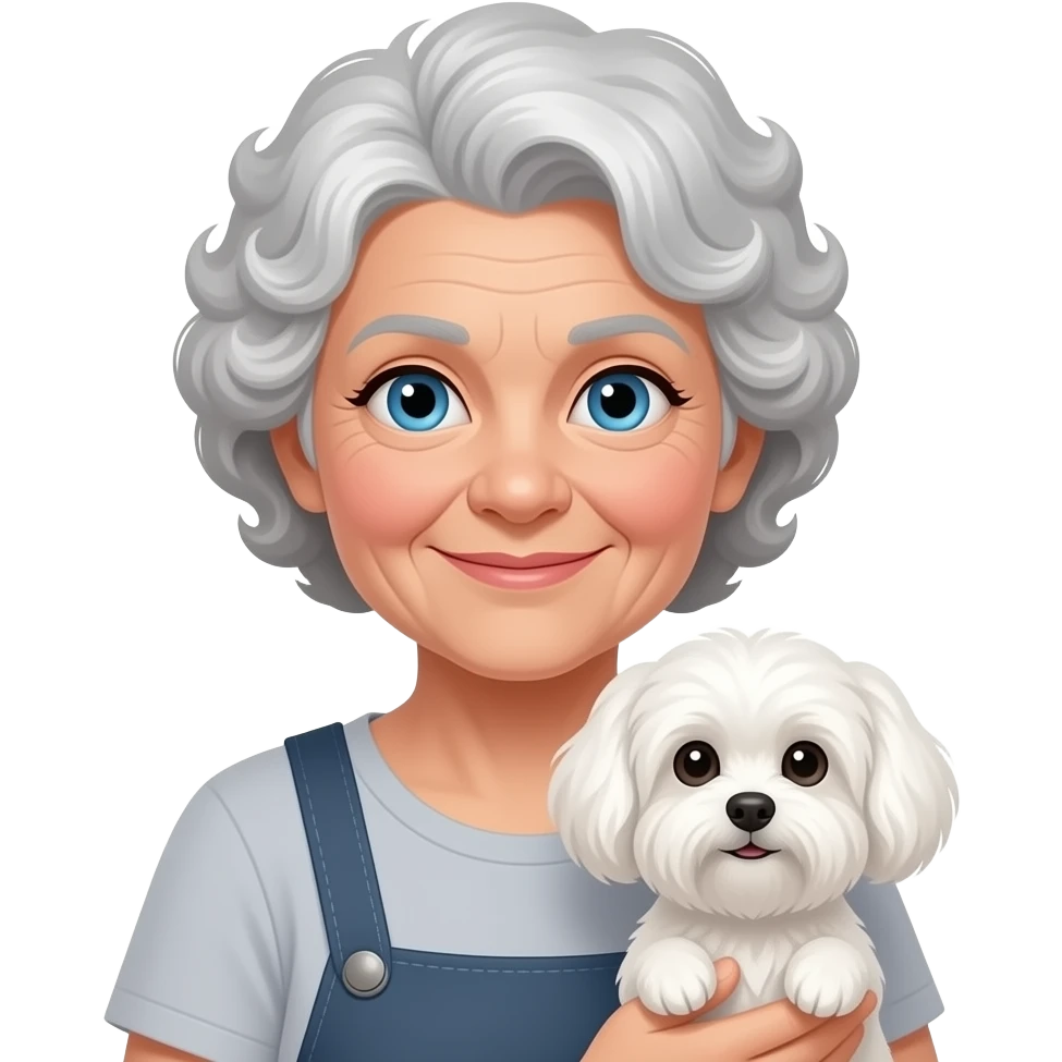 Elderly woman blue eyes very curly hair with maltese dog emoji