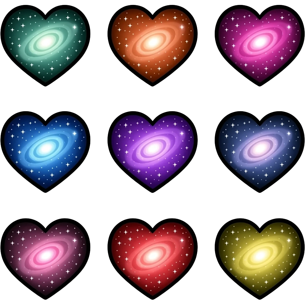 loads of different coolest galaxy hearts but all different colours black outlines cool galaxies different colour emoji