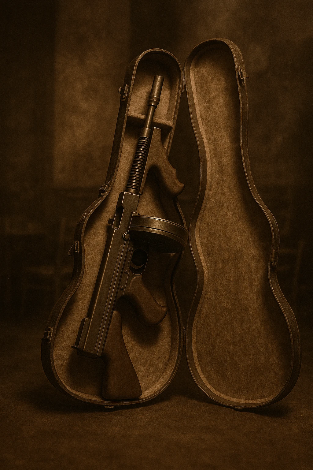 violin case with a hidden Tommy gun inside, referencing Chicago mob lore, vintage style emoji