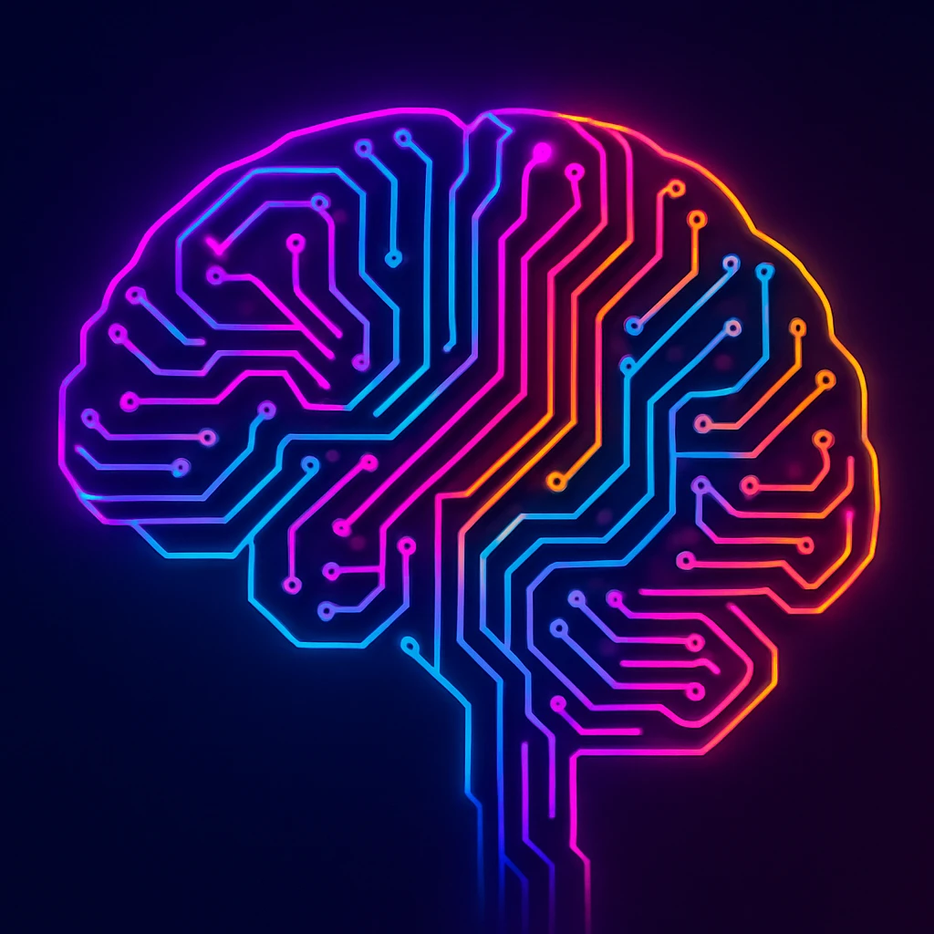 artificial intelligence, brain made of circuits, neon colors, modern illustration emoji