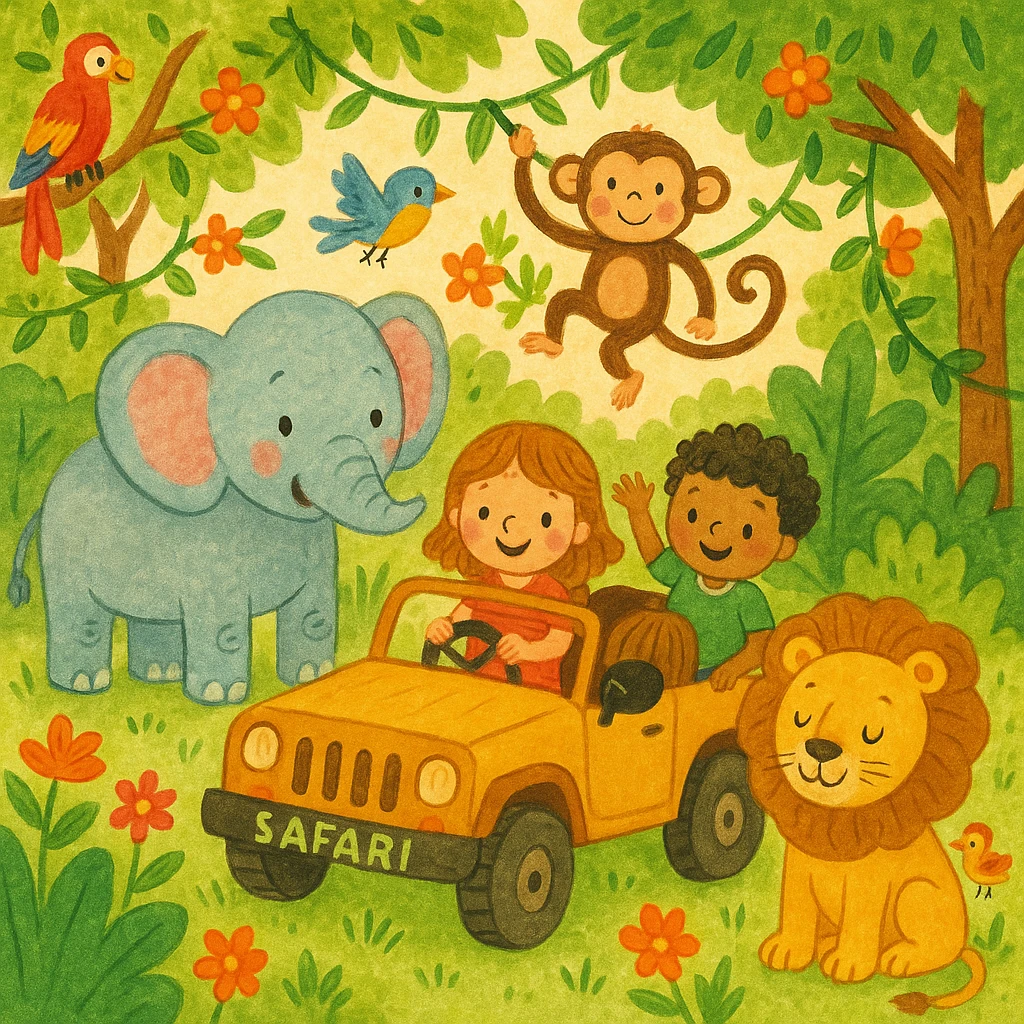 hand drawn digital illustration of jungle safari in the style of children's illustration emoji